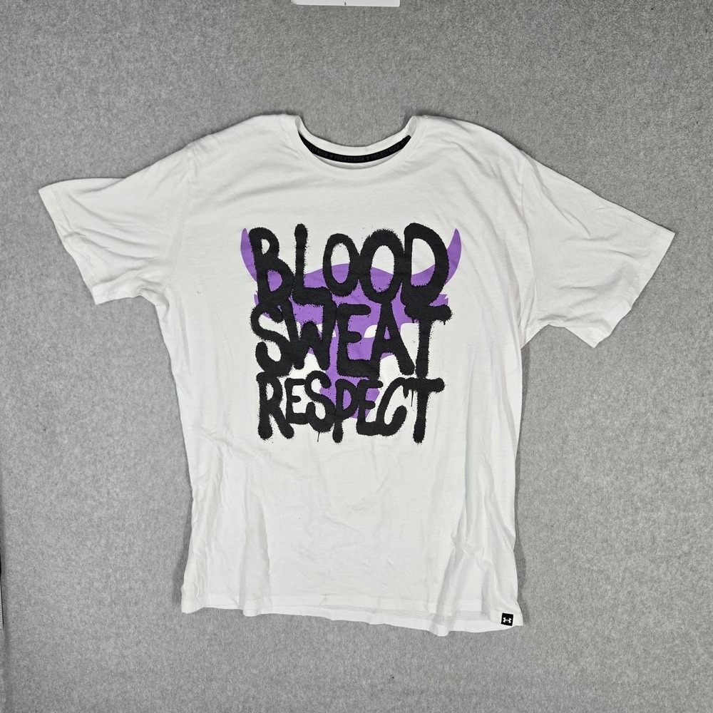 Under Armour Men Shirt XXLT‎ White Spellout Project Rock Blood Sweat Respect